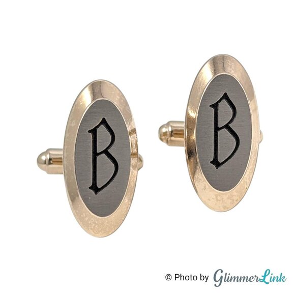 Vintage Hickok USA Monogram B Cufflinks and Tie Bar Jewelry Set Gold Tone Oval - Picture 3 of 10